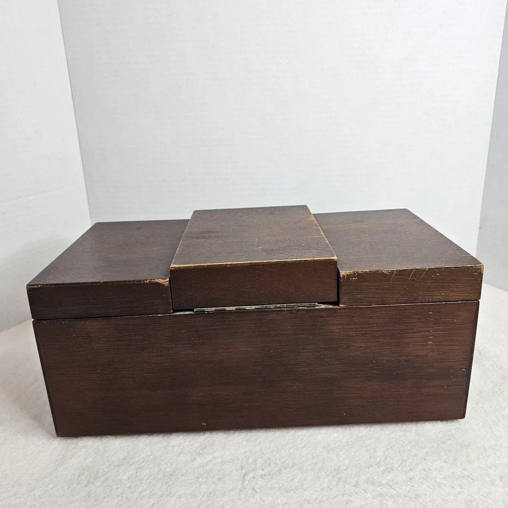 VTG Mid Century Modern Wood Jewelry Box 2 Drawer Blue Velvet Lined MCM Mirror